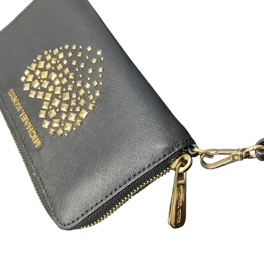 Michael Kors Black Saffiano Leather Studded Heart Zip Around Wristlet Wallet
